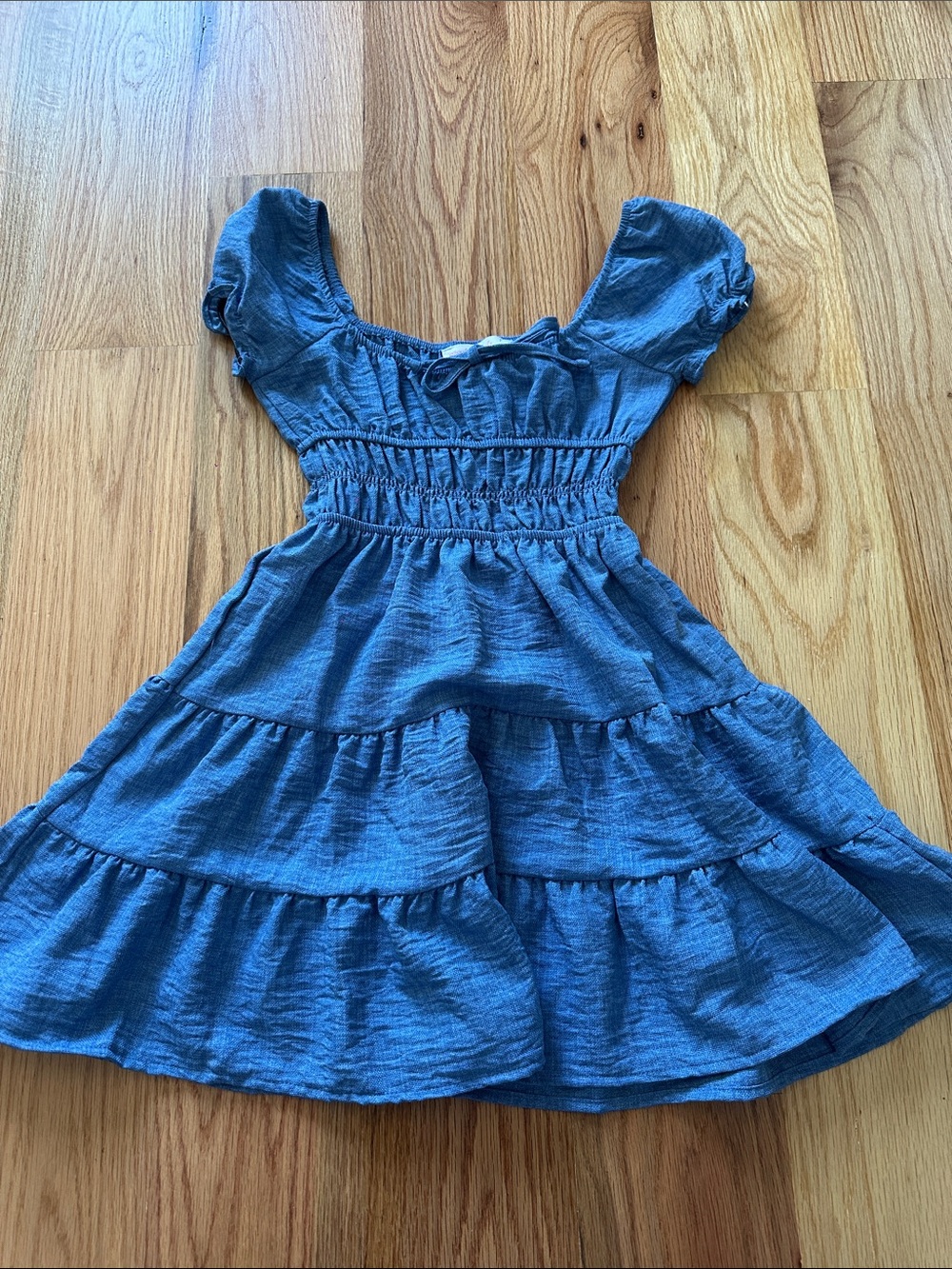 Girls Blue Tiered Smocked Waist Dress with Puff Sleeves
